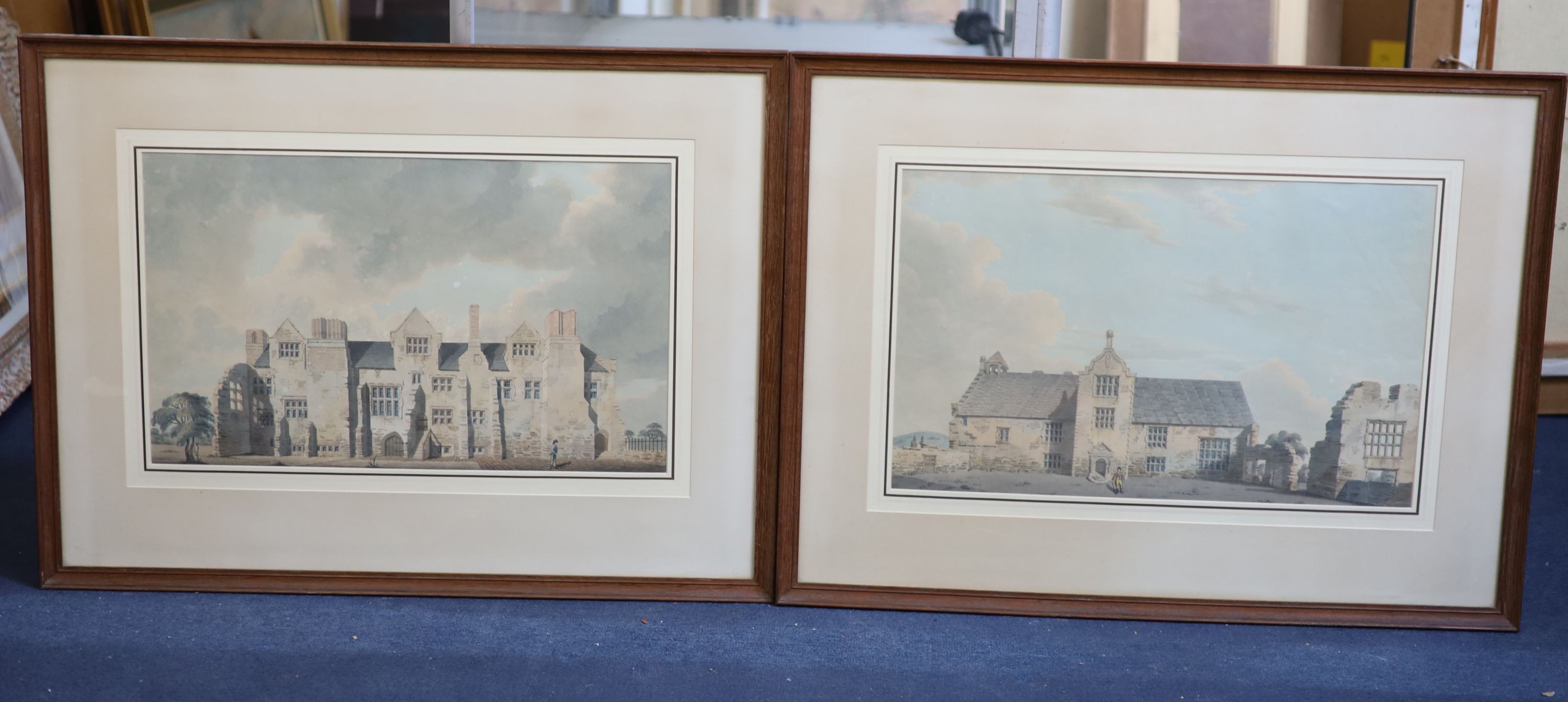T Athow (fl. 1780-1820), Two elevations of Combwell Priory, Pencil and watercolour, a pair, 31 x 52cm.